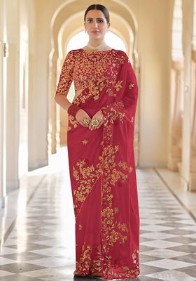 Red Embroidered Organza Saree Set
