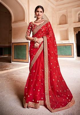 Red Embroidered Organza Saree Set