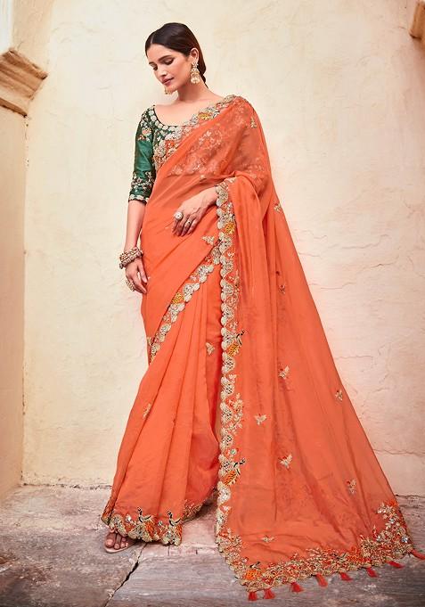 Orange Embroidered Organza Saree Set