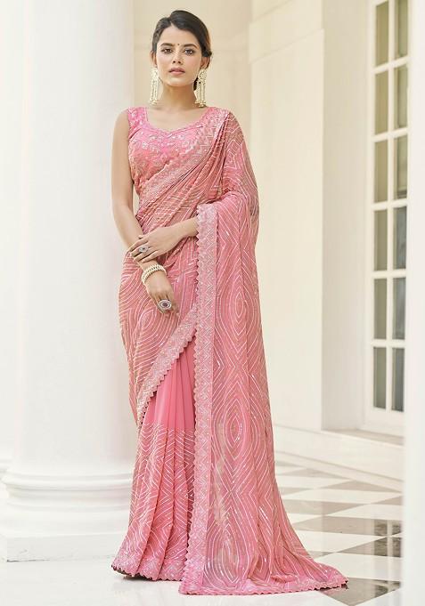 Peach Embroidered Georgette Saree Set