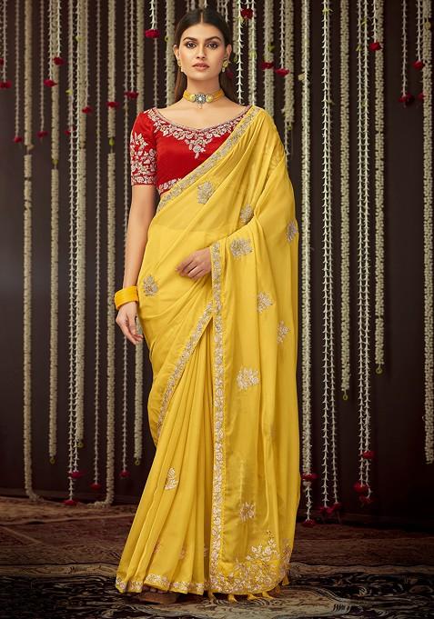 Mustard Embroidered Organza Saree Set