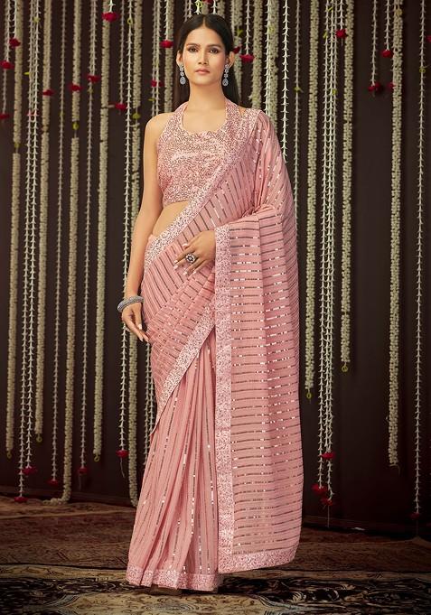 Baby Pink Sequin Embroidered Organza Saree Set