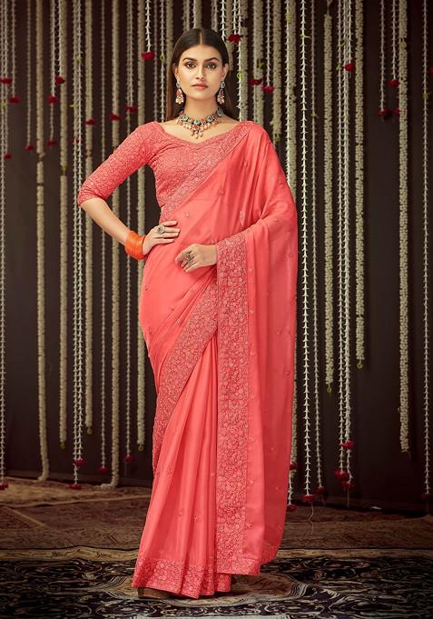 Peach Thread Embroidered Organza Saree Set