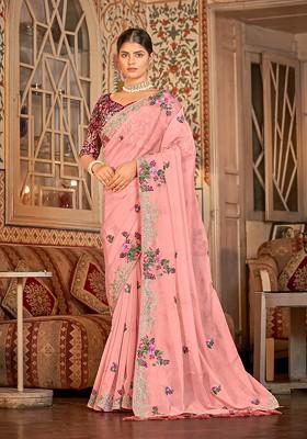 Baby Pink Embroidered Organza Saree Set