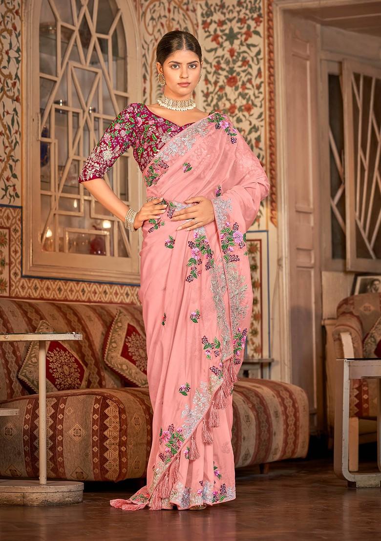 Baby Pink Embroidered Organza Saree Set