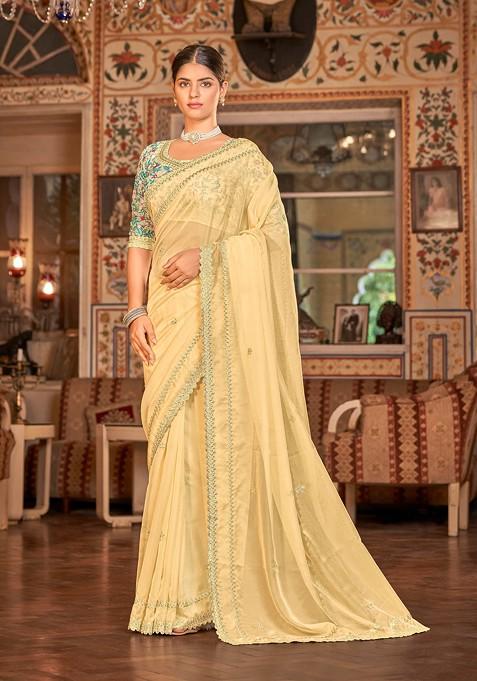 Yellow Embroidered Organza Saree Set