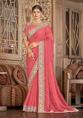 Coral Pink Embroidered Organza Saree Set