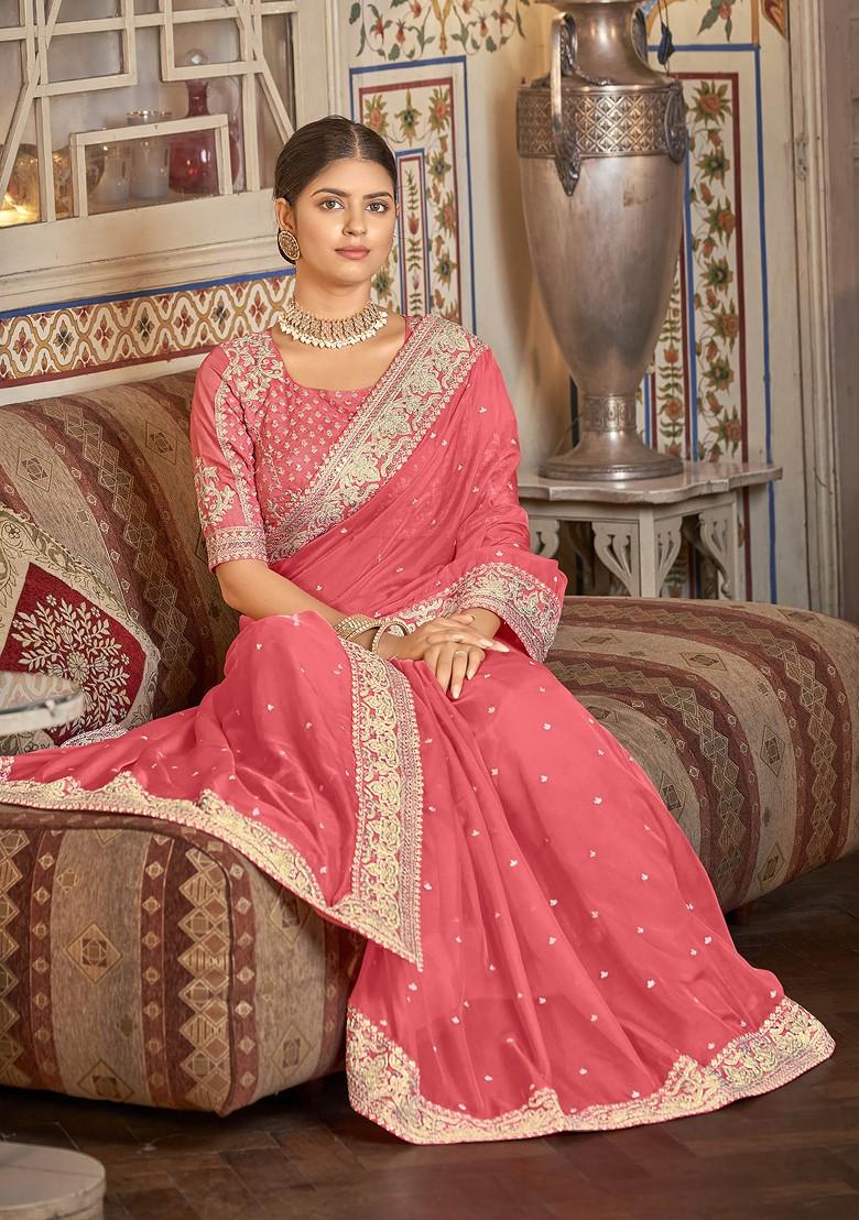Coral Pink Embroidered Organza Saree Set
