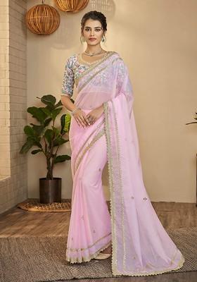 Baby Pink Thread Embroidered Organza Saree Set