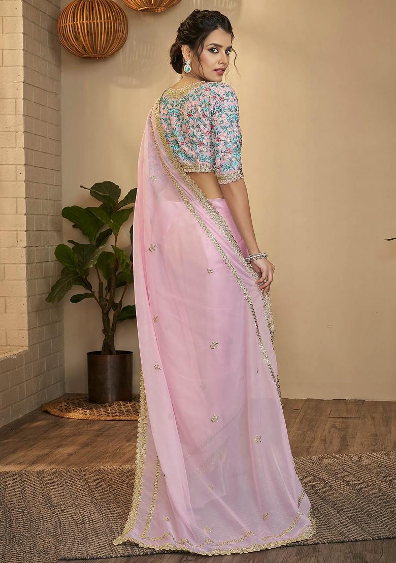 Baby Pink Thread Embroidered Organza Saree Set