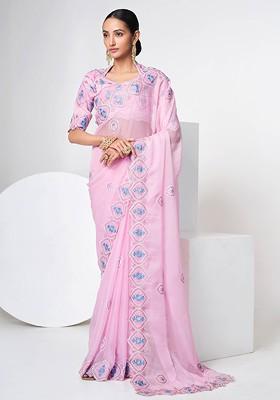 Baby Pink Sequin Embroidered Organza Saree Set