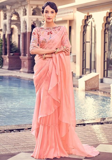 Peach Thread Embroidered Organza Saree Set