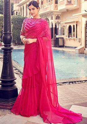 Pink Sequin Embroidered Organza Saree Set