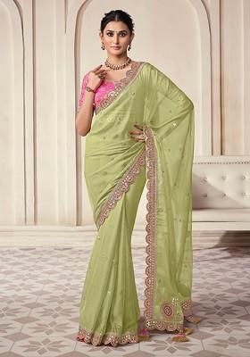 Green Embroidered Organza Saree Set