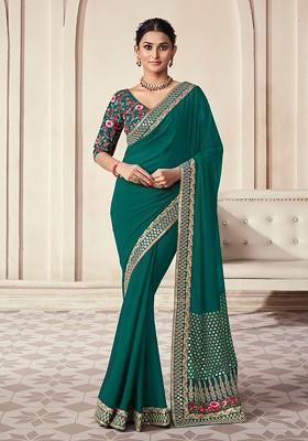 Green Embroidered Organza Saree Set