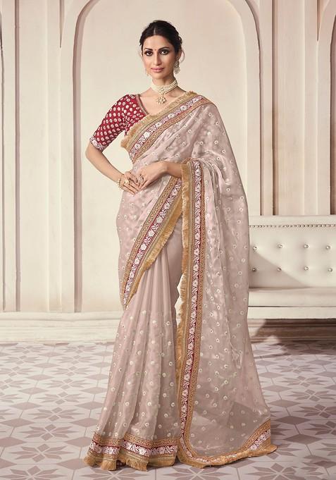 Beige Embroidered Organza Saree Set