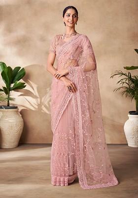Peach Stone Embroidered Soft Net Saree Set