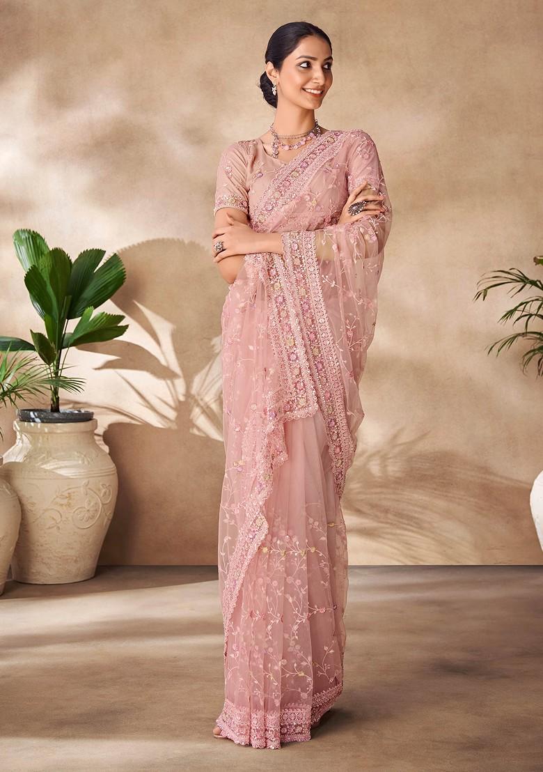 Peach Stone Embroidered Soft Net Saree Set