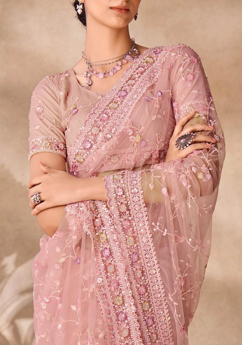 Peach Stone Embroidered Soft Net Saree Set