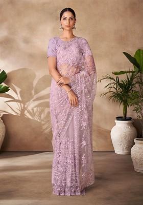Lilac Sequin Embroidered Soft Net Saree Set