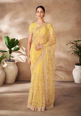 Yellow Stone Embroidered Soft Net Saree Set