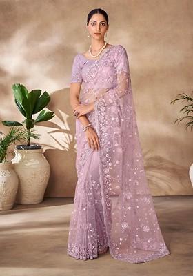 Lilac Stone Embroidered Soft Net Saree Set