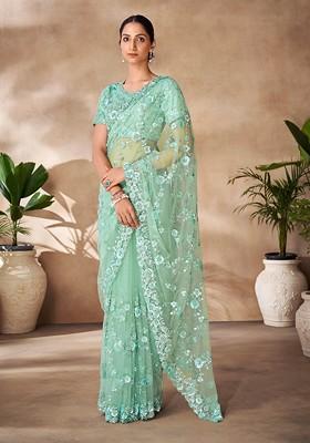 Mint Green Stone Embroidered Soft Net Saree Set