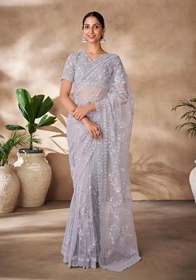 Grey Sequin Embroidered Soft Net Saree Set