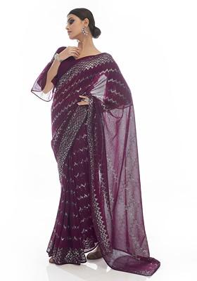Wine Sequin Embroidered Georgette Saree Set