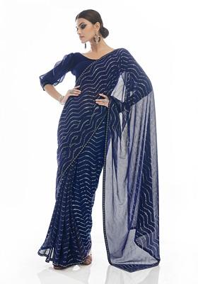 Navy Blue Embroidered Georgette Saree Set