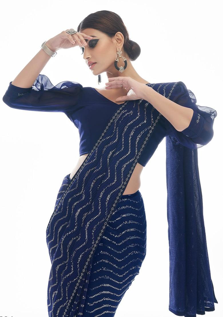 Navy Blue Embroidered Georgette Saree Set