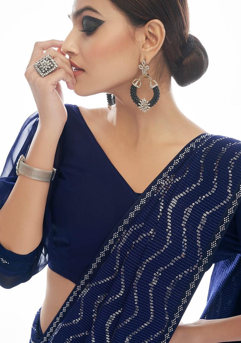 Navy Blue Embroidered Georgette Saree Set