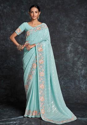 Blue Embroidered Georgette Saree Set