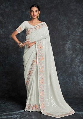 White Sequin Embroidered Georgette Saree Set