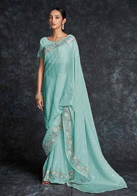 Blue Sequin Embroidered Georgette Saree Set