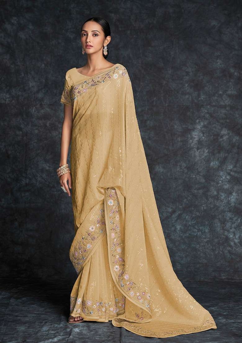 Mustard Sequin Embroidered Georgette Saree Set - Indya