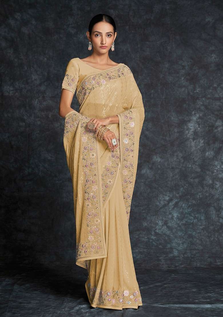 Mustard Sequin Embroidered Georgette Saree Set - Indya