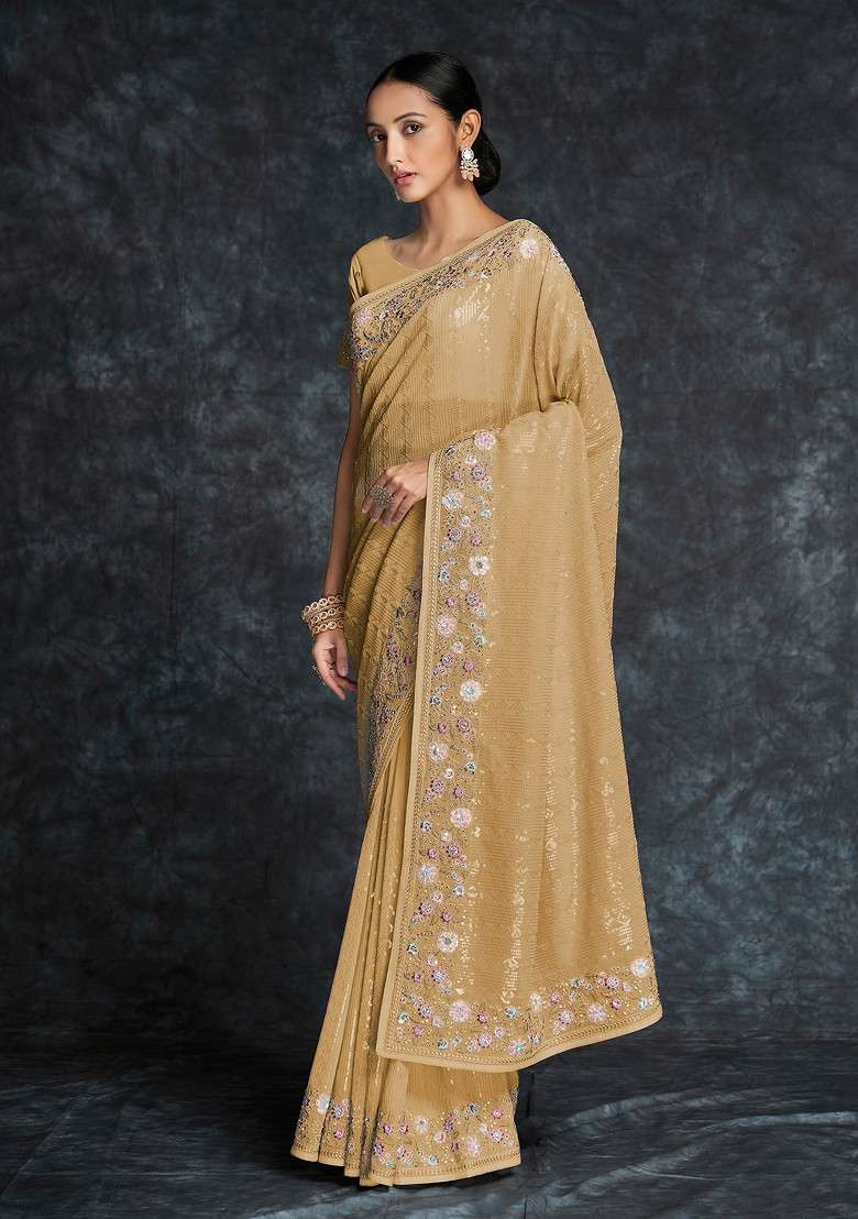 Mustard Sequin Embroidered Georgette Saree Set - Indya