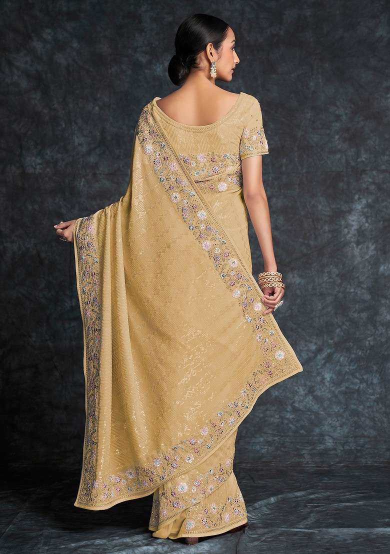 Mustard Sequin Embroidered Georgette Saree Set - Indya