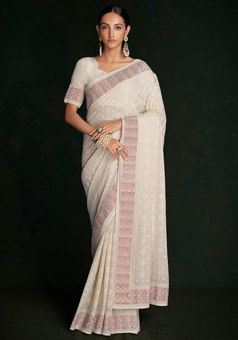 White Sequin Embroidered Georgette Saree Set