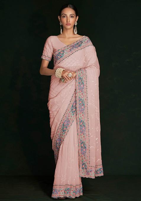 Peach Sequin Embroidered Georgette Saree Set