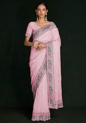 Pink Sequin Embroidered Georgette Saree Set