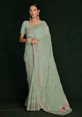 Pista Green Sequin Embroidered Georgette Saree Set