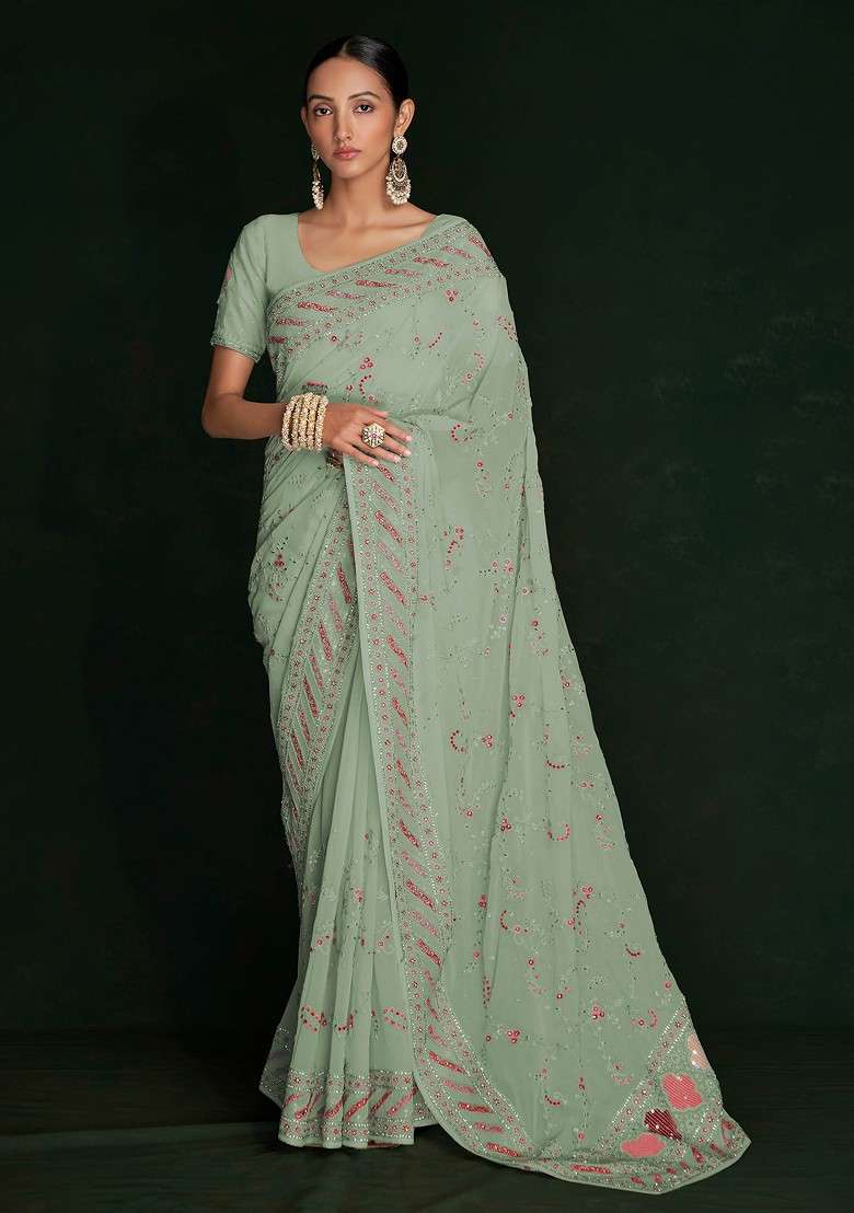 Pista Green Sequin Embroidered Georgette Saree Set - Indya
