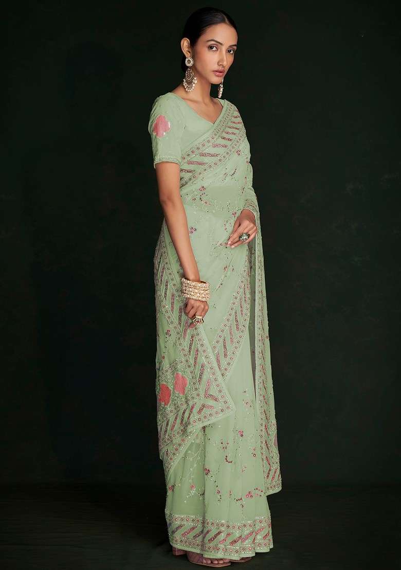 Pista Green Sequin Embroidered Georgette Saree Set - Indya