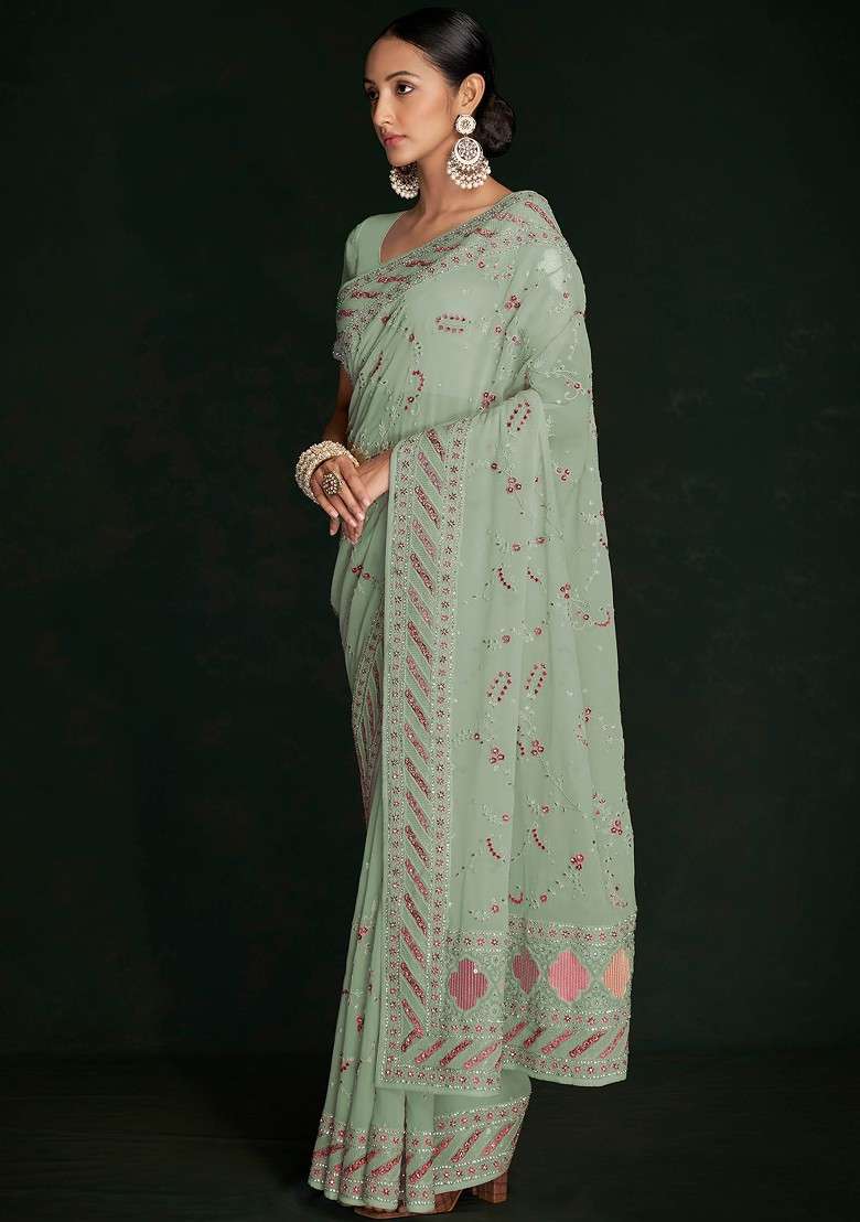 Pista Green Sequin Embroidered Georgette Saree Set - Indya