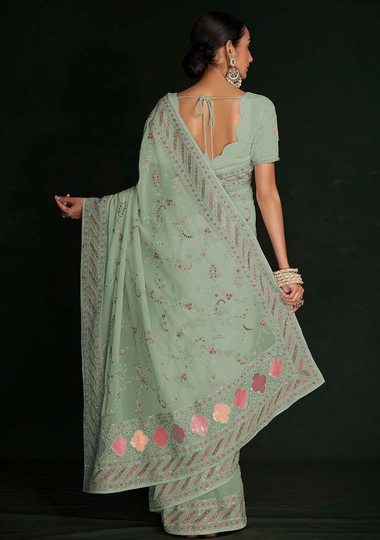 Pista Green Sequin Embroidered Georgette Saree Set - Indya