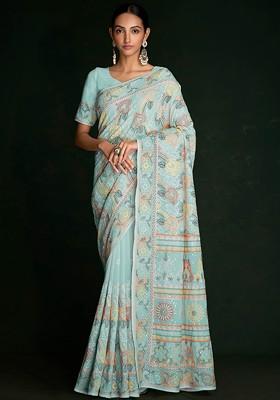 Turquoise Blue Sequin Embroidered Georgette Saree Set