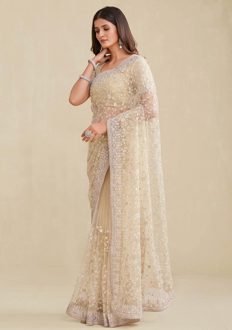 Beige Sequin Embroidered Soft Net Saree Set