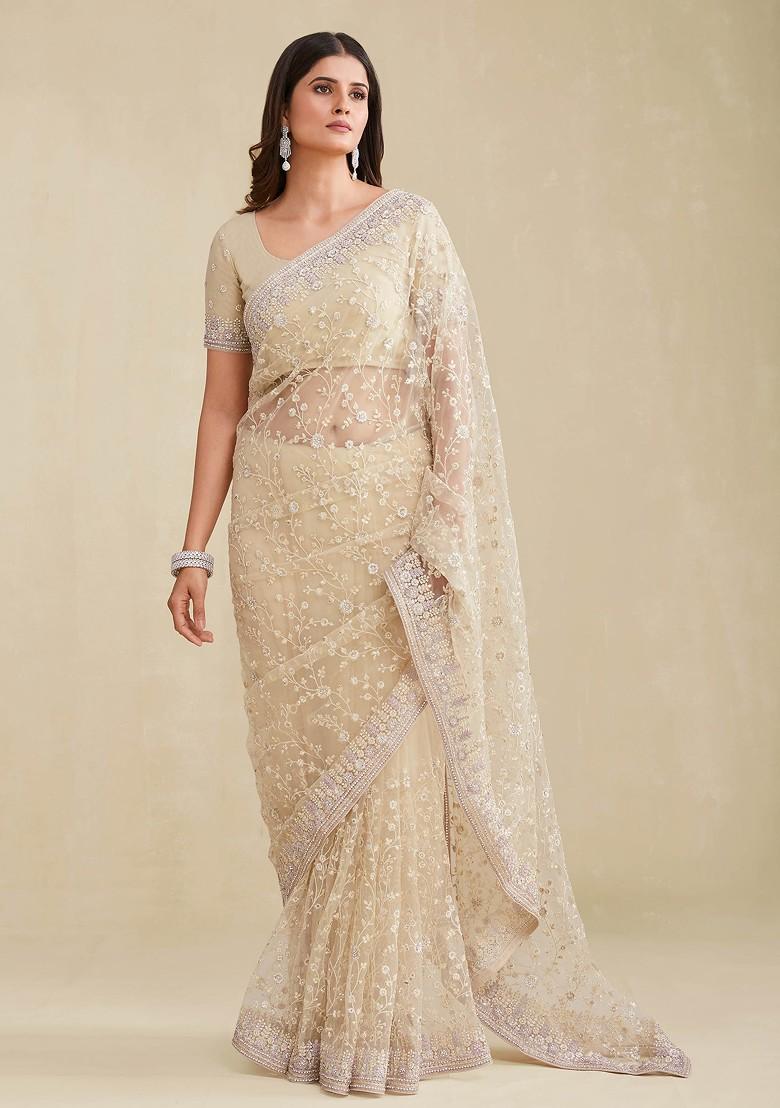 Beige Sequin Embroidered Soft Net Saree Set